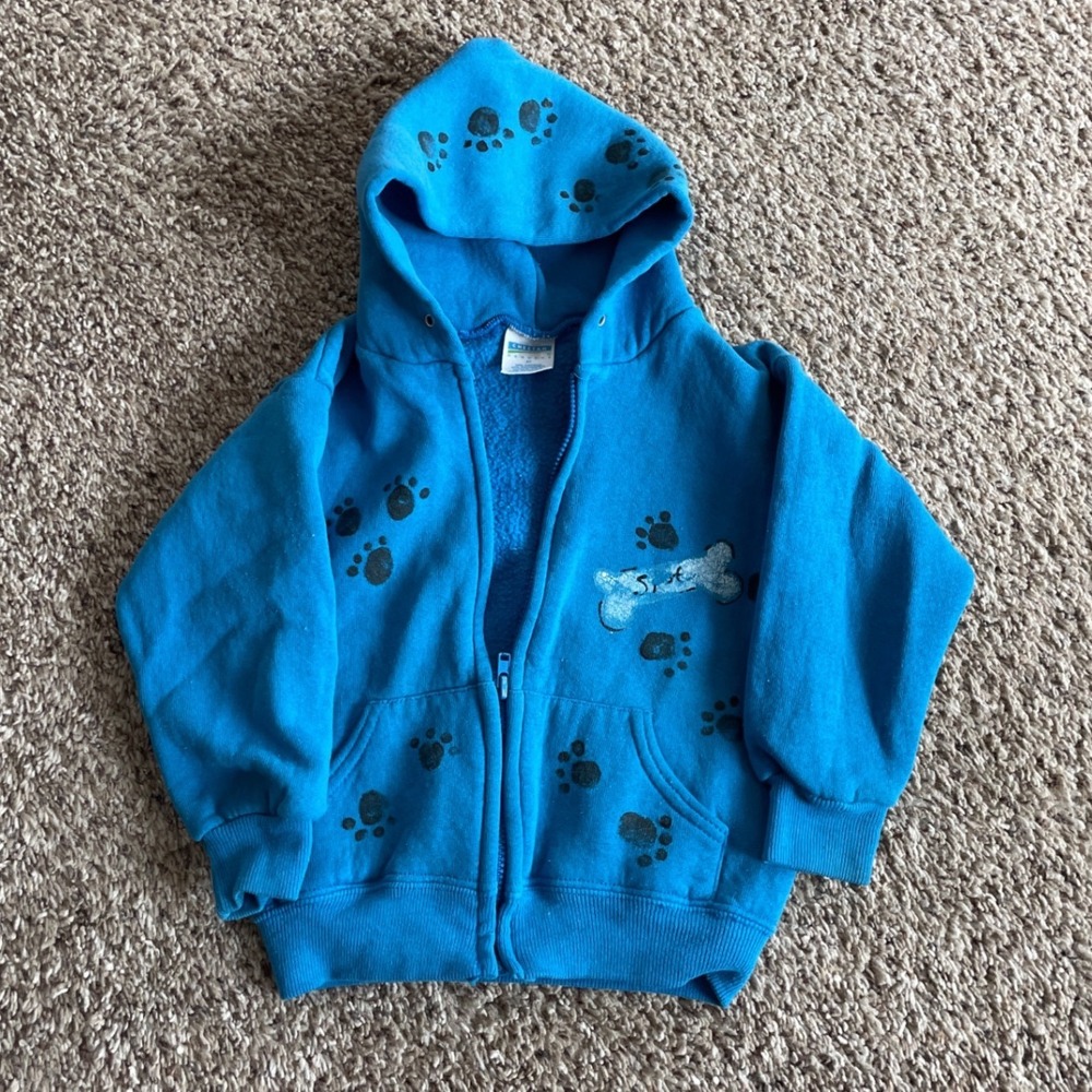 CUTE Vintage Kids Blue Dog Paw Print Hoodie Zip Up Jacket Size 3T Dalmation